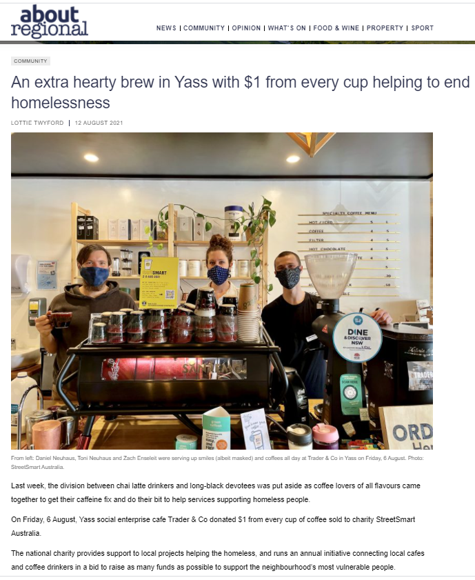 An extra hearty brew in Yass with $1 from every cup helping to end homelessness